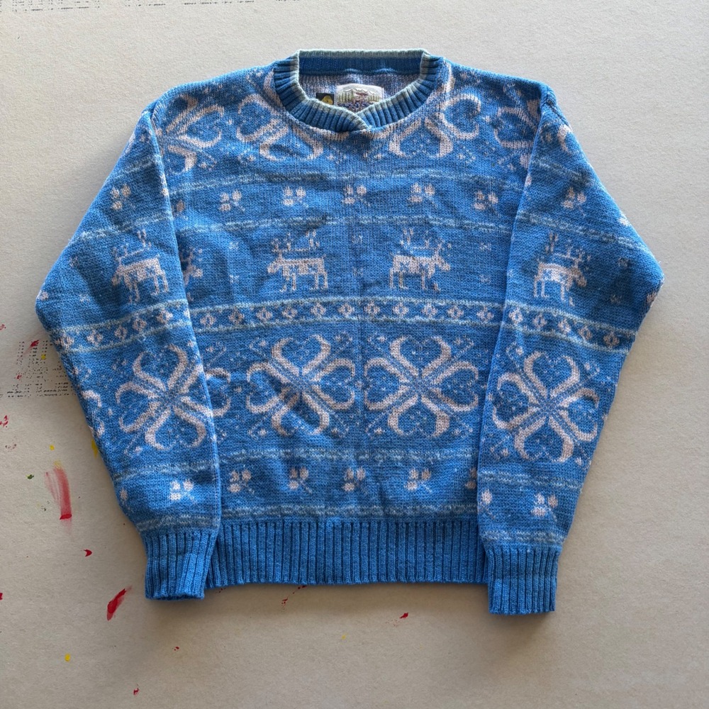 Vintage 90s Alps Merrimac Valley Wool Reindeer Sweater Blue